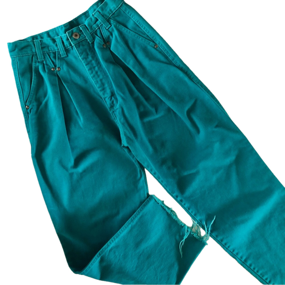 Vintage Wrangler High-Waisted Jeans pleated teal frayed hem juniors size 9